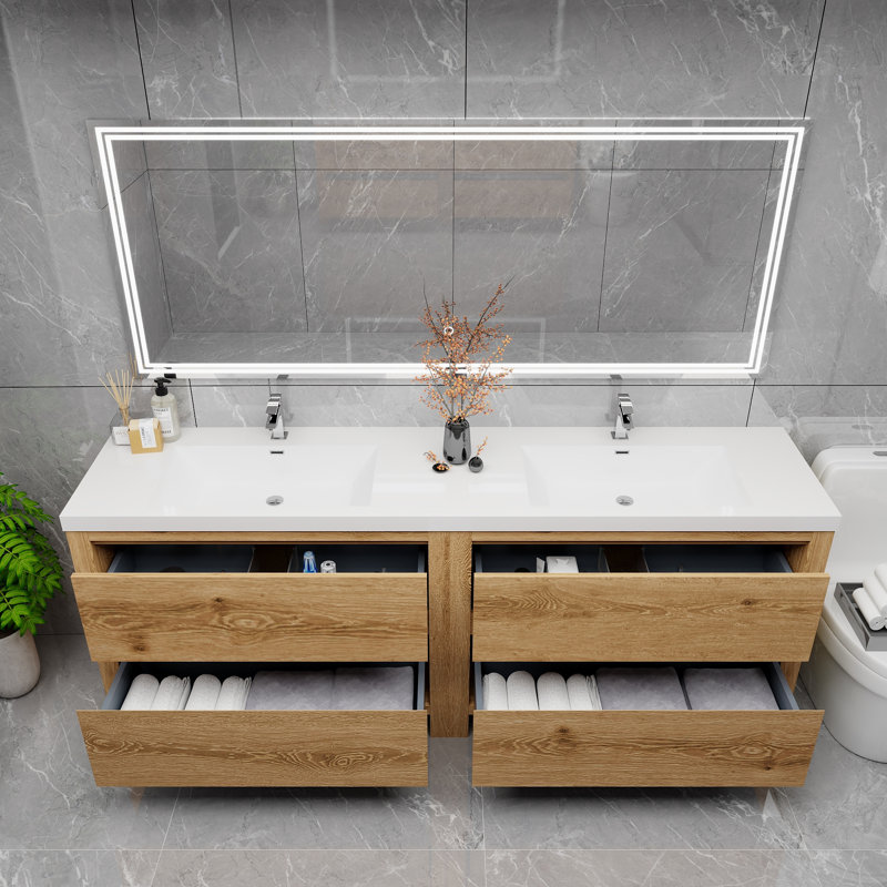 Meuble-lavabo double 83,5 po avec plateau en acrylique Maribell, Bois jaune