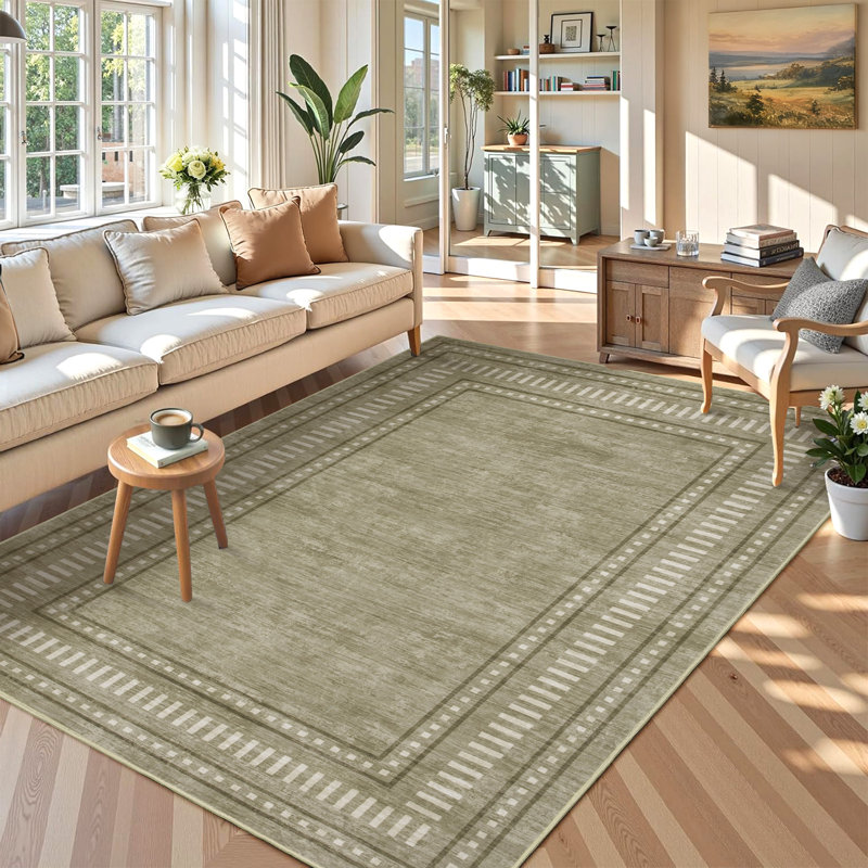 Bordered Machine Washable Area Rug with Non-Slip Backing Non-Slip Living Room Rug Easy-Cleaning Floor Carpet, Green