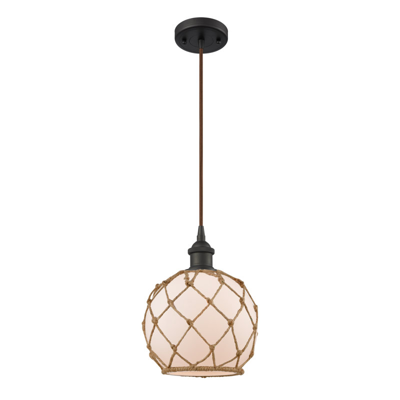 Luminaire suspendu en forme de globe à 1 lumière avec accents en corde Tobey, H 10 pi x l 8 po x P 8 po, Blanc / Brun
