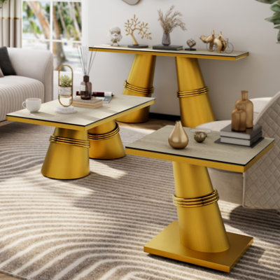 3 Piece White Glass And Gold Living Room Table Set Of 3
