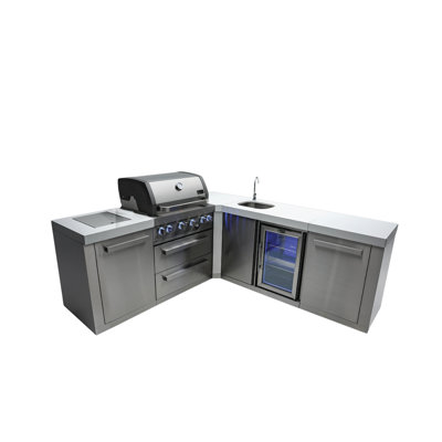 Îlot de cuisine modulaire en acier inoxydable en forme de L de 82 po x P 88 po x H 46 po Mont Alpi Premium avec robinet et évier combinés + barbecue à 4 brûleurs l 32 po + comptoirs en granite + armoires de rangement + tiroirs + convertible au gaz naturel + Garantie à vie