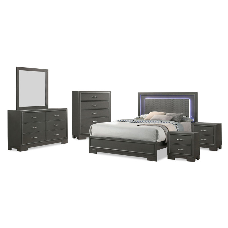 Anjelyna Bedroom Set, California King, 6 Pcs: Bed, 2 Nightstands, 2 Dressers, Mirror