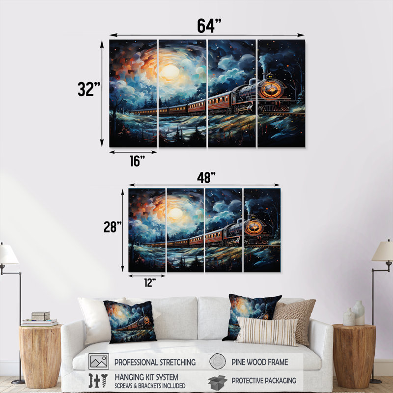 «Orange Moonlight Countryside Train Journey III - Transport train», ensemble d'art mural 4 pièces, H 28 po x l 48 po
