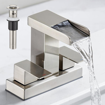 Waterfall Bathroom Faucet For Sink 3 Hole, 4 Inch, Brushed Nickel Waterfall Sink Faucets With Pop-Up Drain And 2 Supply Hoses, Stainless Steel 2-Handle Centerset Faucet For Sink Vanity, T-6008BN