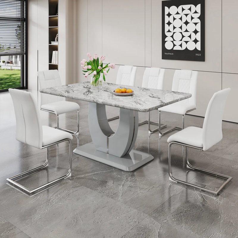 Ensemble repas 7 pièces Kimara, Blanc, 7 pièces : table, 6 chaises