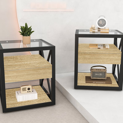 Moderne de 2 tables de bout de salon et de chambre à coucher avec tiroir, table de chevet, bois naturel, plateau en verre trempé, rangement à plusieurs niveaux et 2 pièces pour économiser de l'espace