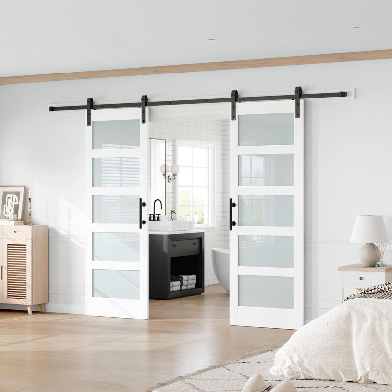 Glass Manufactured Wood Double Barn Door with Installation Hardware Kit, 56" x 84", 2