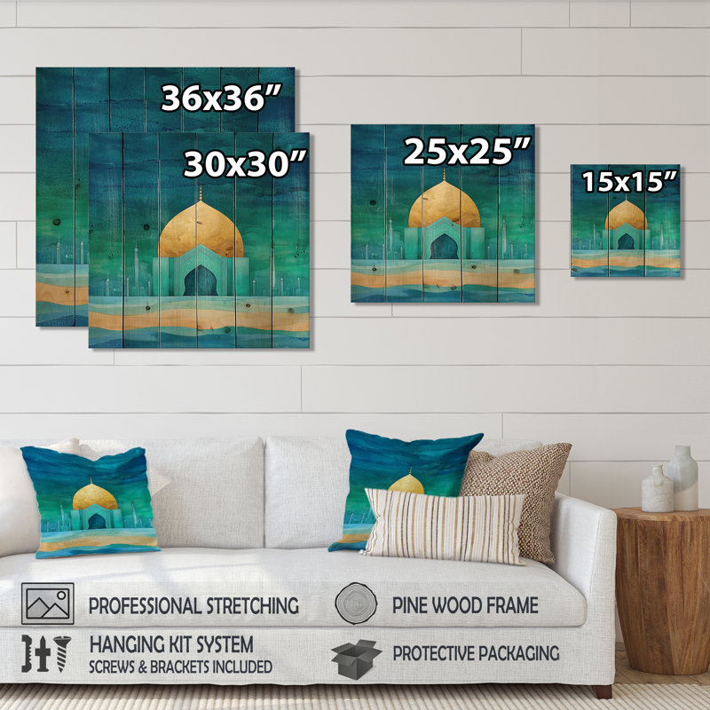 Décoration murale dorée sur bois de pin naturel «Golden Horizon Of Turquoise Dome», H 25 po x l 25 po