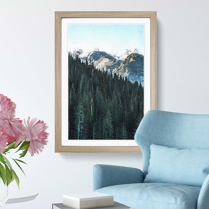 Montana Mountain Behind the Forest - Picture Frame Painting Print, 48cm H x 36cm W x 2cm D, Oak Framed