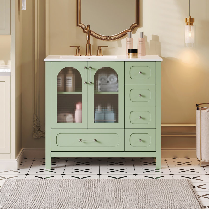 Armoire de salle de bain 36 po avec portes à texture gaufrée, meuble-lavabo avec quatre tiroirs et deux portes à fermeture en douceur, rangement de salle de bain avec portes en verre
