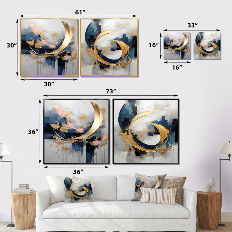 Tourbillons abstraits bleus dorés de sérénité IV - ensemble de 2 impressions sur toile abstraites, Toile tendue