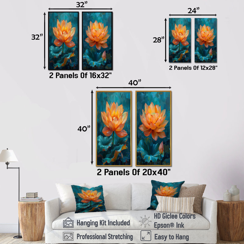 Ensemble de 2 pièces d'art mural en forme de lotus orange et bleu VIbrant, H 28 po x l 24 po, Impression encadrée, Blanc