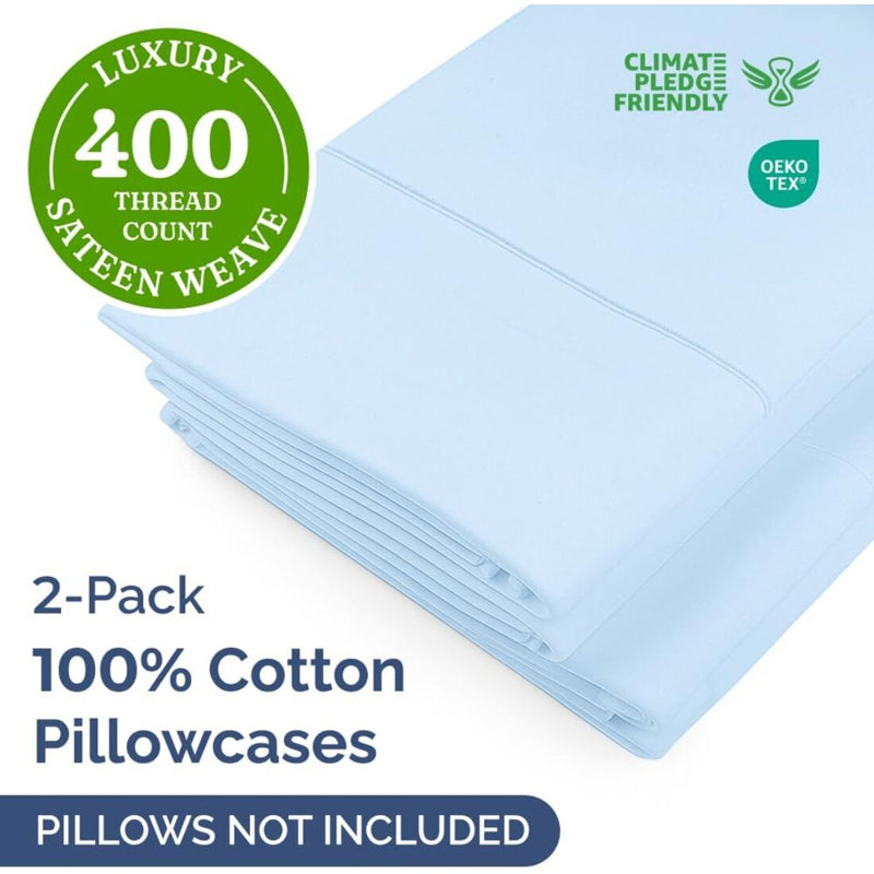 100% Cotton Pillowcase Set, 400 Thread Count Hotel Luxury Pillowcases, Soft & Breathable, Set of 2, Light Blue, Queen