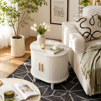 Table de chevet multifonctionnelle blanche ovale - avec portes coulissantes rainurées, tablettes réglables et charge intégrée - une table d'appoint Home