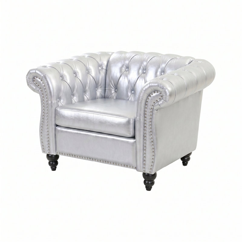 Fauteuil rétro en similicuir argenté de style Chesterfield rétro, fauteuil d'appoint capitonné avec accoudoirs arrondis et décoration cloutée pour le salon