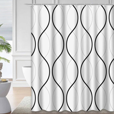 Waterproof Modern Abstract Tile Wavy Geometric Shower Curtain with 12 Hooks