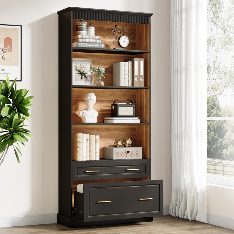 White & Walnut Bookcase with File Cabinet Drawers