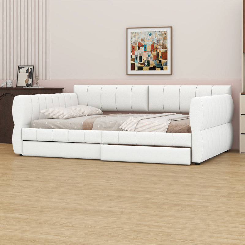 Lit plateforme tapissier avec port USB et 2 tiroirs, Blanc