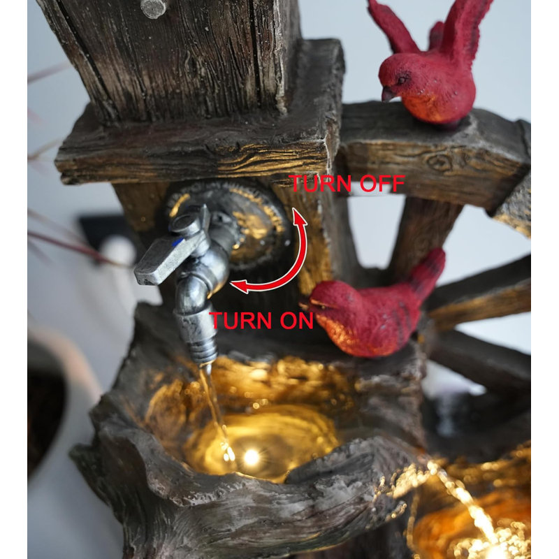 Decorative Garden Birdhouse Water Fountain - 3-Tier Outdoor Design with LED Lighting and Functional Water Wheel