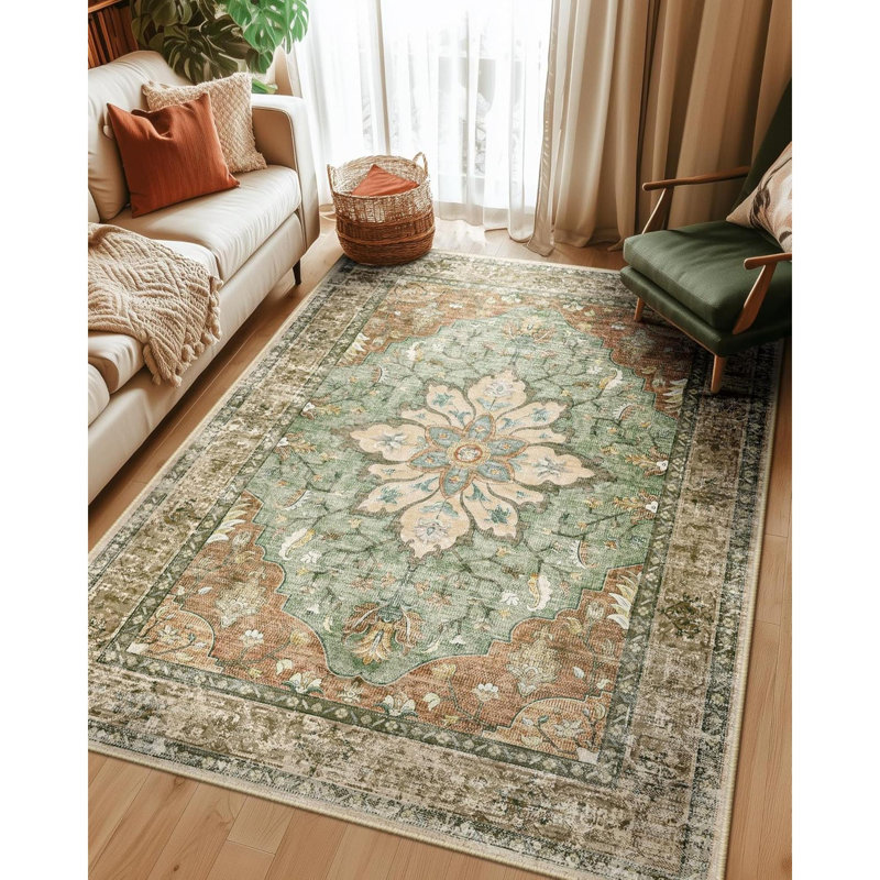 Area Rugs Washable Non-Slip Floral Vintage Distress Print Pattern Medallion Carpet For Living Room Bedroom Dining Room Brickrust Neutral Burnt