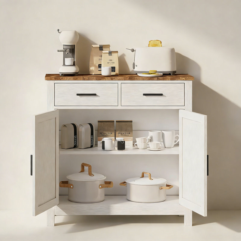 Armoire de cuisine, armoire de ferme moderne avec rangement, bar avec 2 tiroirs et 2 portes, buffet de plancher, Blanc