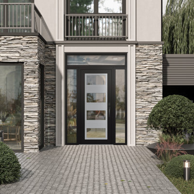 C2 Panel Silver Steel With 2 Sidelites And Transom Prehung Front Entry Door