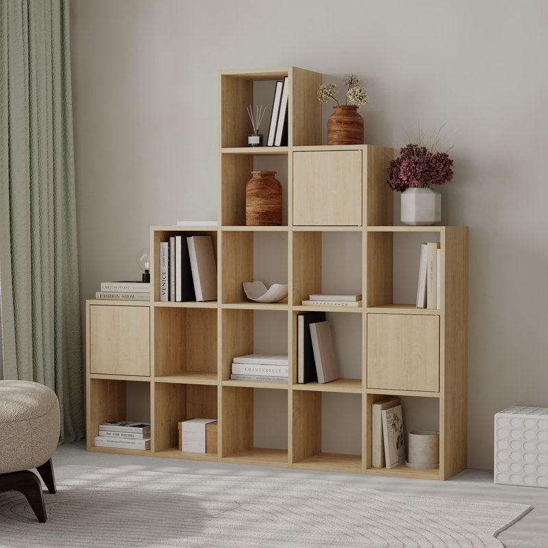 Anyila Corner Bookcase with Modular Cube Design Open and Concealed Shelves Push-to-Open Doors Modern Ladder-Style, Oak