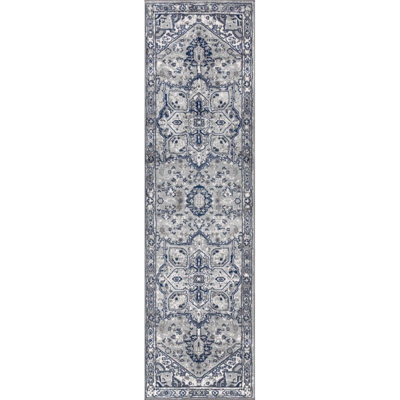Lawton Modern Persian Vintage Medallion Light Gray/Navy Rug, Runner 2'3" x 8'