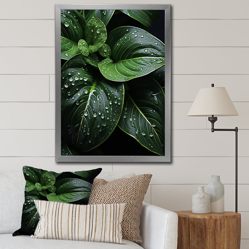 Raindrop Over Green Leafs - Floral & Botanical Canvas Prints, H 20 po x l 12 po x P 1 po, Cadre photo argenté