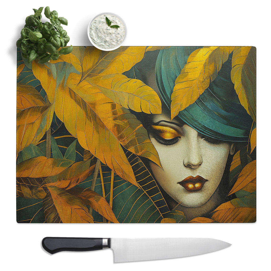 Leaf Art Deco Woman  Glass Chopping Board