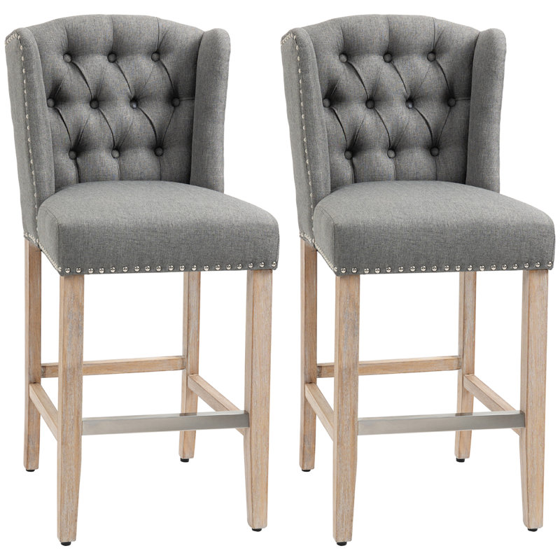 Upholstered Bar Stools with Nailhead Trim and Button Tufted Back (Set of 2), Light Gray