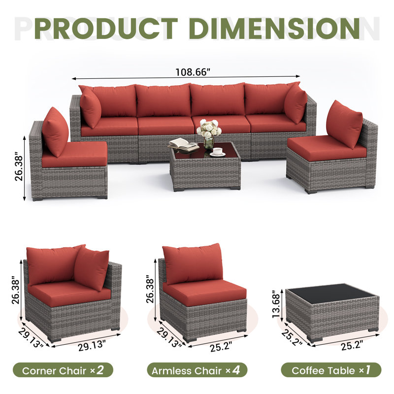 7 Piece Patio Conversation Set With Coffee Table And Cushions, Red