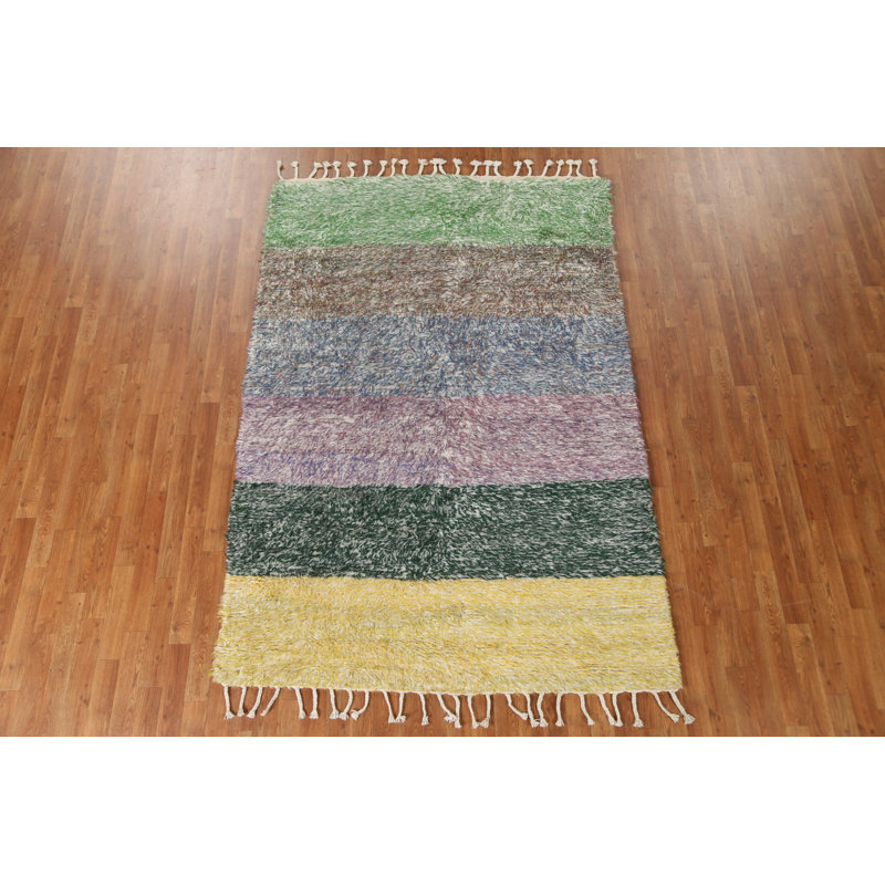 Tapis oriental marocain à rayures en peluche noué à la main 5 x 8