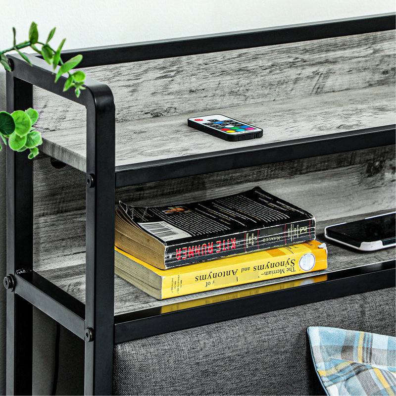 Platform Bed Frame - Full Size With Storage Headboard, Led Lights, Charging Outlets, Quiet, Easy Assembly, No Box Spring, Cement Gray Upholstered Station Noise- Assembly Spring