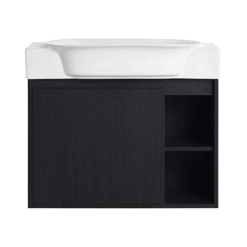 Meuble-lavabo mural 28 po avec lavabo en céramique, porte à fermeture en douceur et tablettes ouvertes, emballage KD