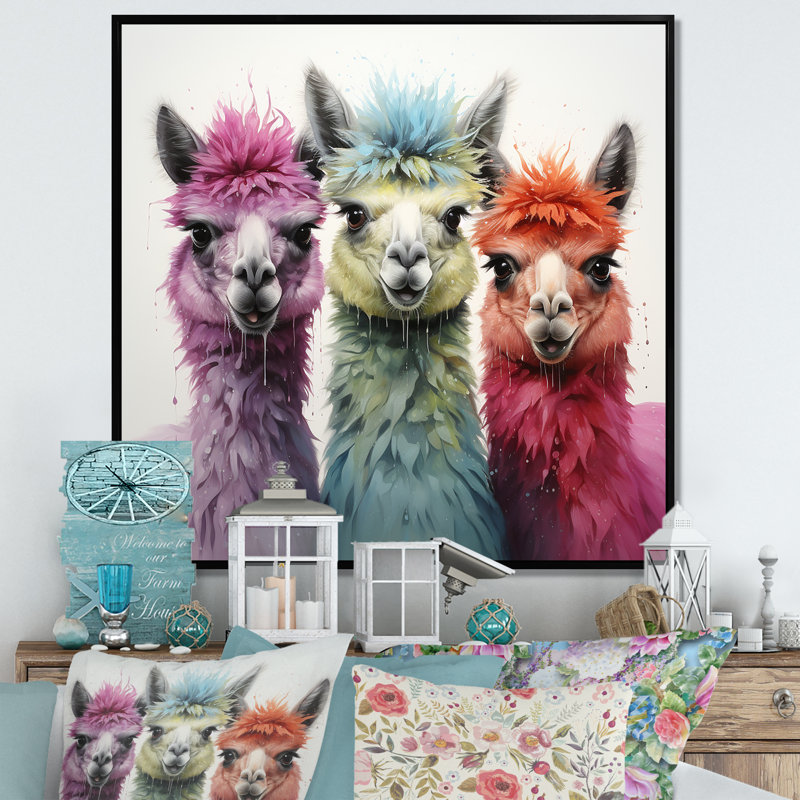 Cheerful Alpaca Family Portrait III - perroquet, art mural, Cadre flottant noir, H 30 po x l 30 po x P 1,5 po
