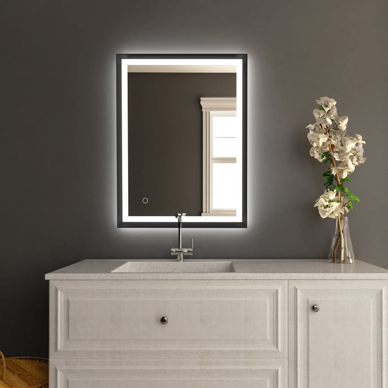 Miroir de salle de bain à DEL avec miroir en aluminium 3 lumières, 48 po x 36 po, Noir