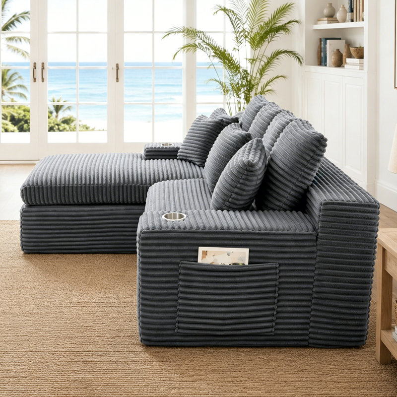 98.4" Corduroy Upholstered Modular Sofa, Compression Foam Bonless Sofa & Chaise with Cupholder and Side Pocket, Gray