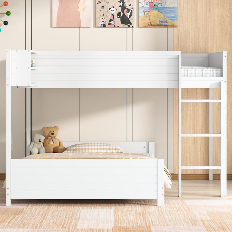 Jexley Wooden Bunk Bed with Built-in Storage Shelf & Ladder, Solid Wood Frame, Slat Support, No Box Spring Needed, White
