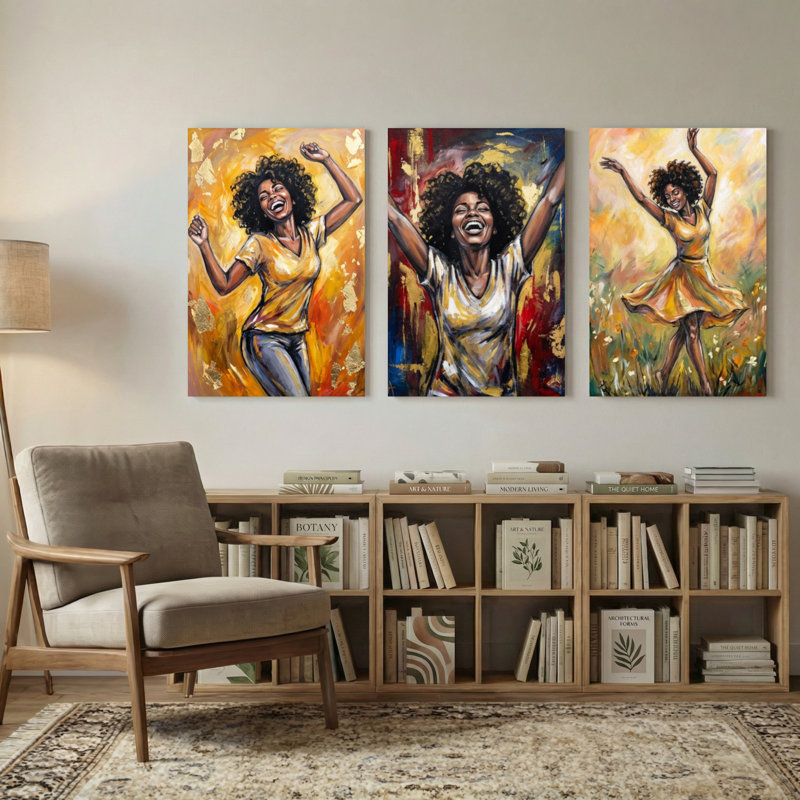 «Abstract Joyful Woman Dancing In Vibrant Colors», ensemble de 3 impressions d'art sur toile, H 24 po x l 48 po