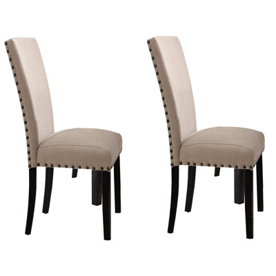 Of 2 Modern Beige Linen Side Chairs - Fully Padded Back And Seat, Dark Oak Legs, Clear Nailhead Trim For Relaxation Area Shimmering