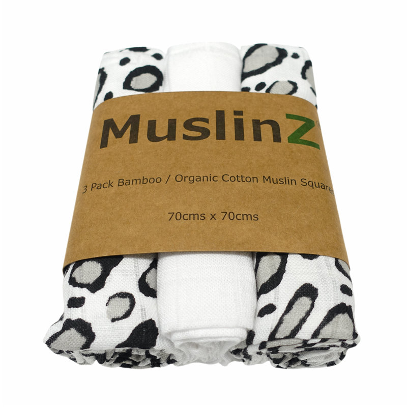 Felicia MuslinZ 3 pack 70cms Baby Muslin Cloths in Leopard Print /White.