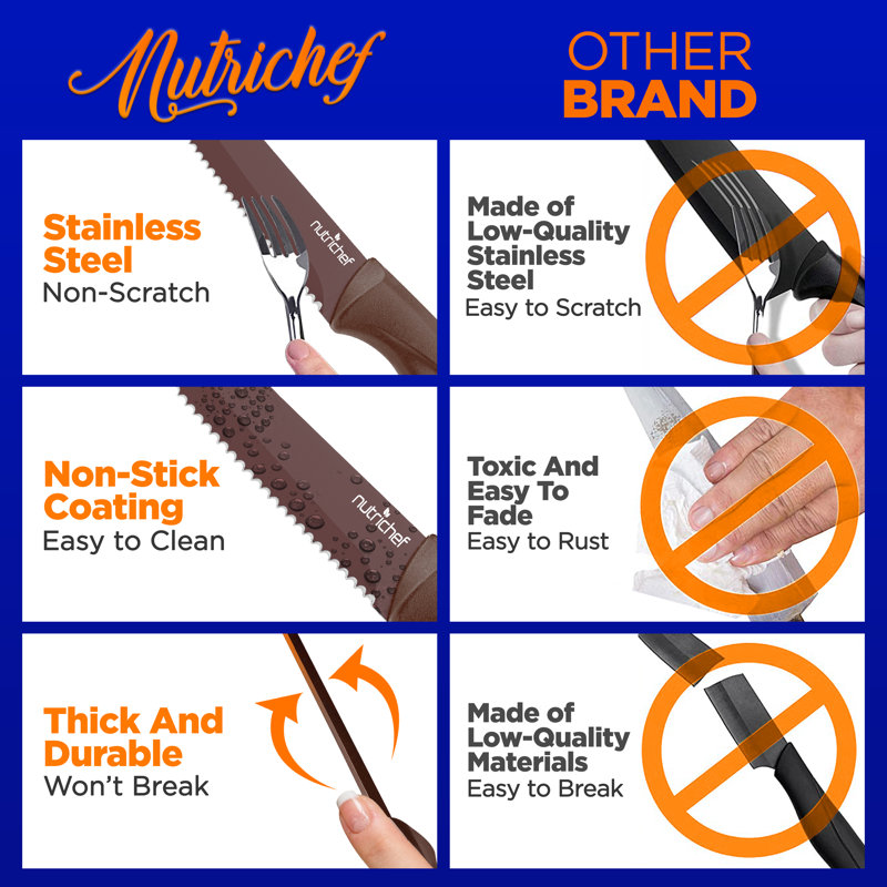 NutriChef 8-Piece Brown Stainless Steel Steak Knife Set