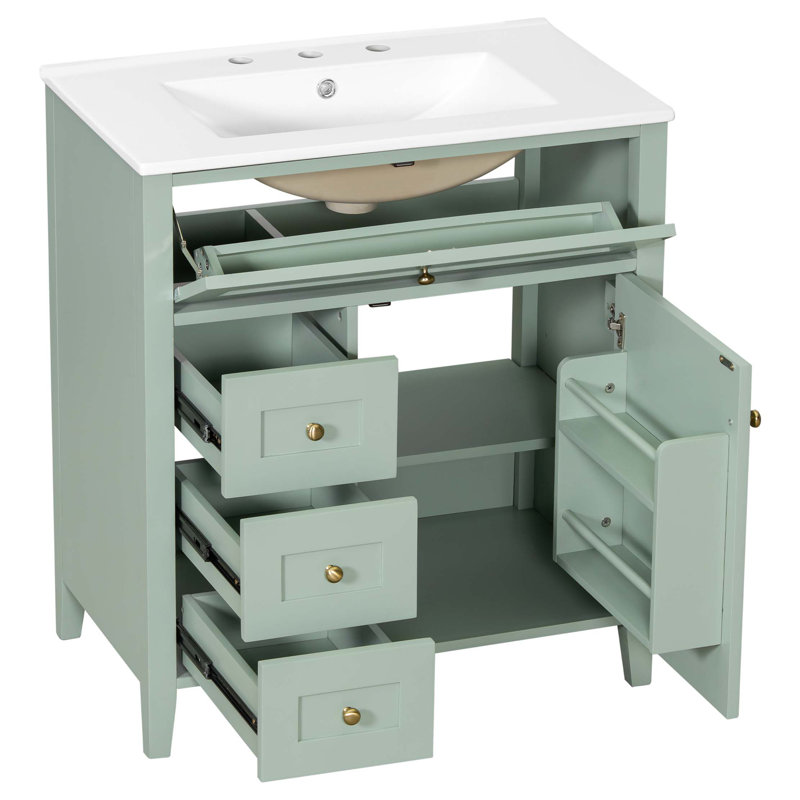 Meuble-lavabo autoportant de 30 pouces avec lavabo, armoire moderne à 3 tiroirs et tablette réglable, Vert