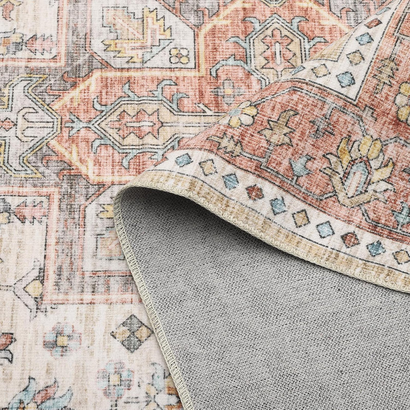 Washable Floral Area Rug – Vintage Boho Carpet, Non-Slip Backing, Low Pile, for Bedroom, Living Room, Dining Room, Office (Beige)