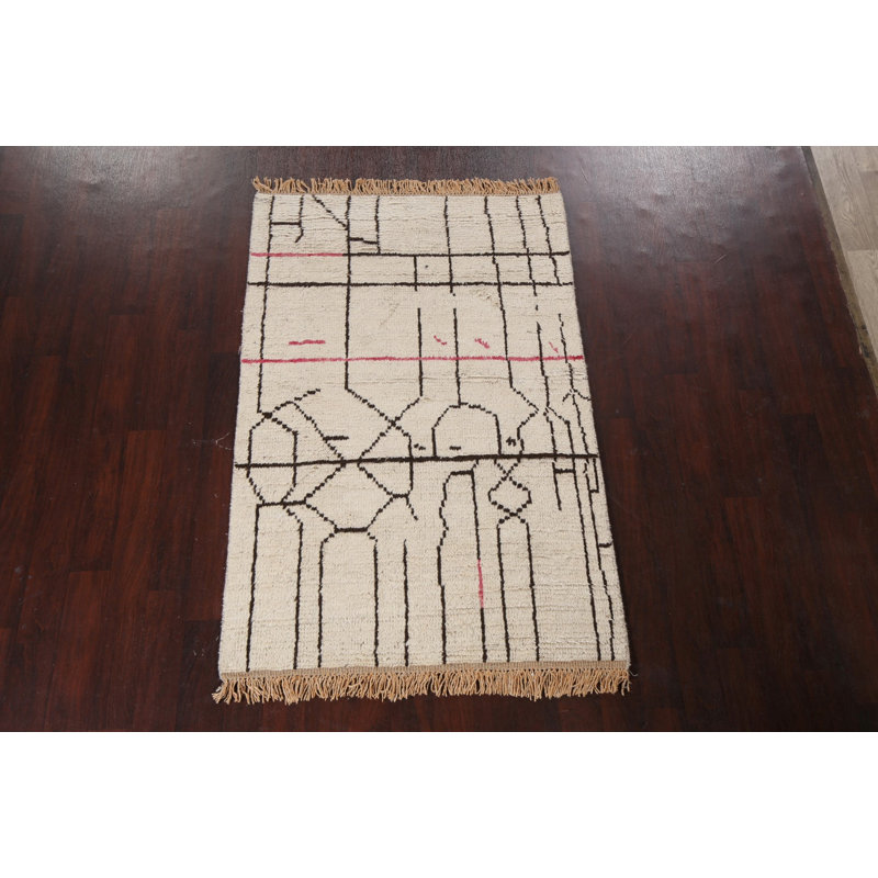Tapis ivoire en laine noué à la main de conception unique 4 pi 1 po x 6 pi 3 po