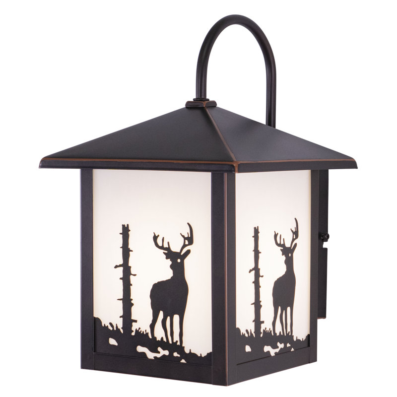 Josefina 12.5 in. H 1-Light Burnished Bronze Rustic Deer Outdoor Wall Sconce made of Durable Steel, White Tiffany Glass Shade, LED Compatible, Use for Exterior Porch Patio Front Door or Garage