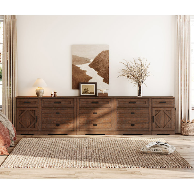 Laziza 5-In-1 Large Farmhouse Wood Entertainment Center With Drawers, Dark Brown Wood