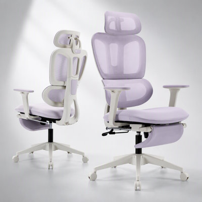 Chaise de bureau ergonomique avec repose-pieds, chaise d'ordinateur à haut dossier avec soutien lombaire dynamique, appui-tête en 2 dimensions et accoudoirs 4D, coussin éponge et dossier en filet, chaise de bureau à domicile pour adultes, mauve.