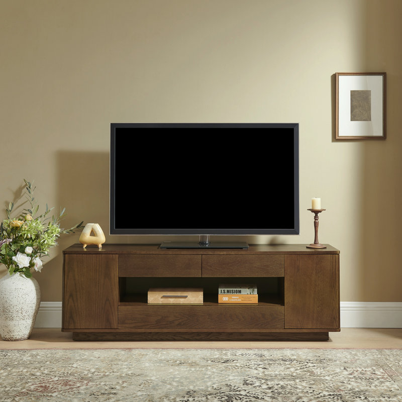 Meuble télé 59 po avec meuble télé moderne avec rangement ouvert, armoires et tiroirs, console de télévision incurvée pour salon et bureau